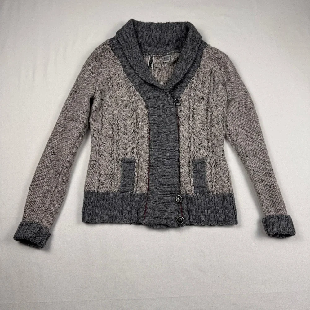 BKE Cardigan Sweater Women L Grey Wool Alpaca OtherBlend Shawl Collar Cable Knit